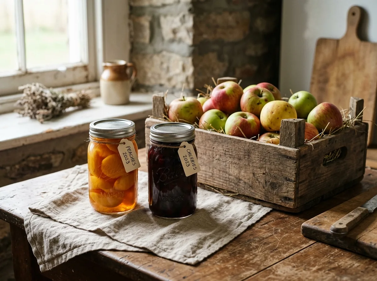 Preserved fruit jars and a crate of apples on a farm table