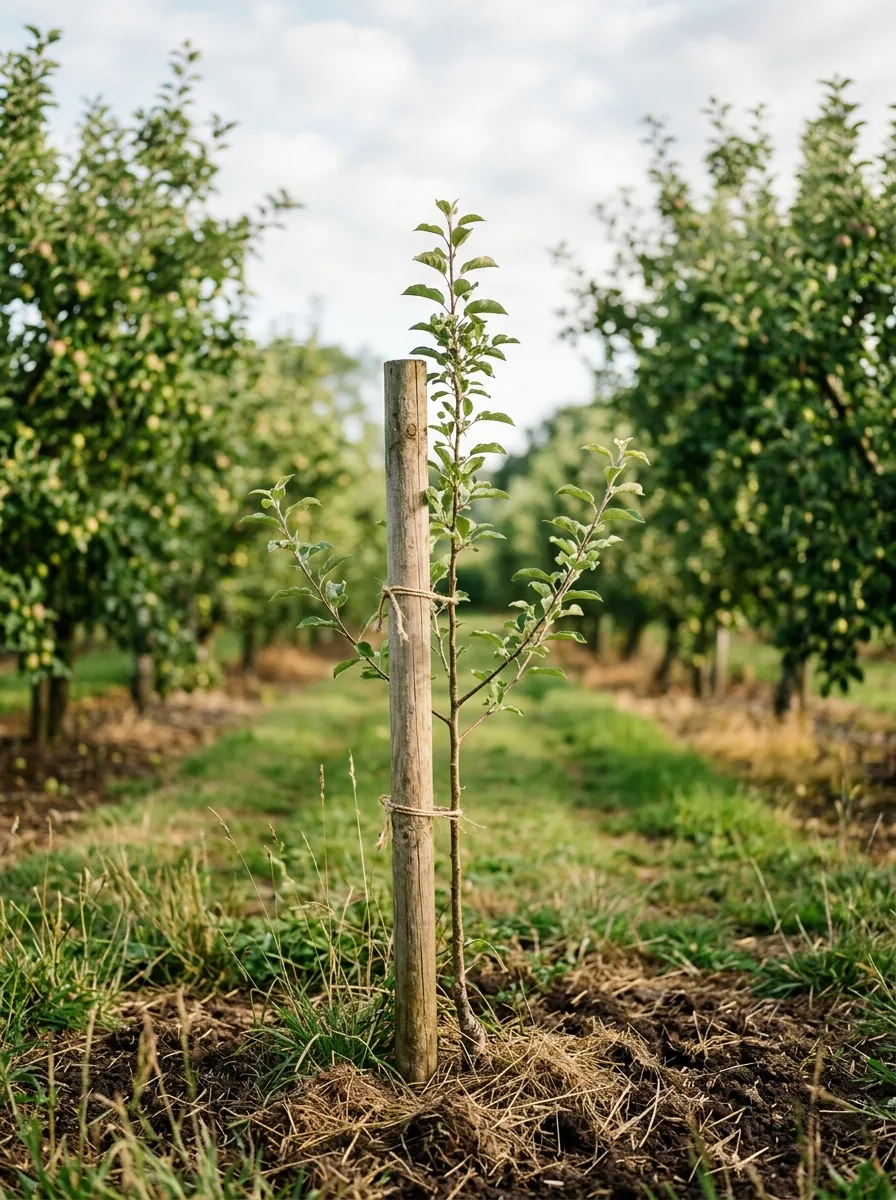 A young sapling staked in an orchard row