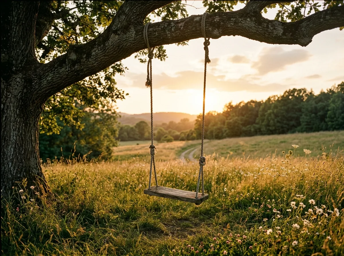 A wooden swing hanging from an old oak in golden light